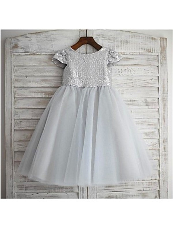 Sequin Tulle Short Sleeves A-line/Princess Tea-Length Scoop Flower Girl Dresses