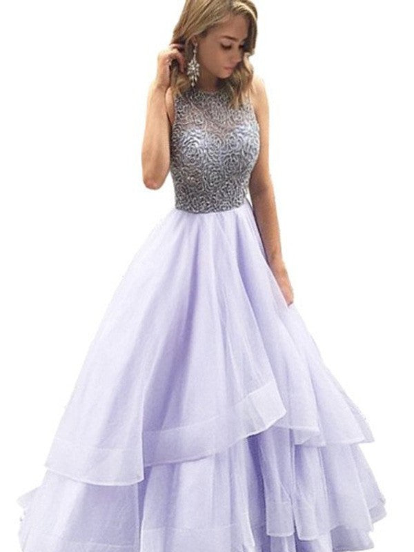 Floor-Length Ball Gown Sleeveless Scoop Beading Organza Dresses