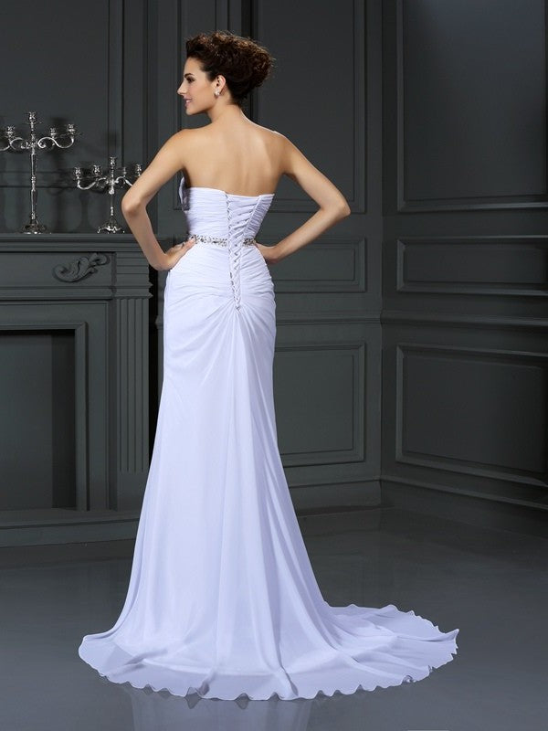 Sweetheart Sheath/Column Long Sleeveless Beading Chiffon Wedding Dresses