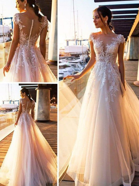 Sleeves A-Line/Princess Bateau Short Train Applique Sweep/Brush Tulle Wedding Dresses