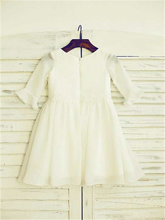 Chiffon Sleeves Long Scoop Ruffles A-line/Princess Tea-Length Flower Girl Dresses