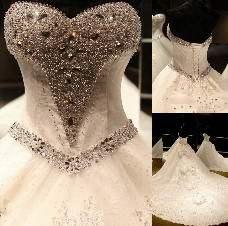 Gown Sequin Ball Train Applique Sleeveless Sweetheart Cathedral Tulle Wedding Dresses