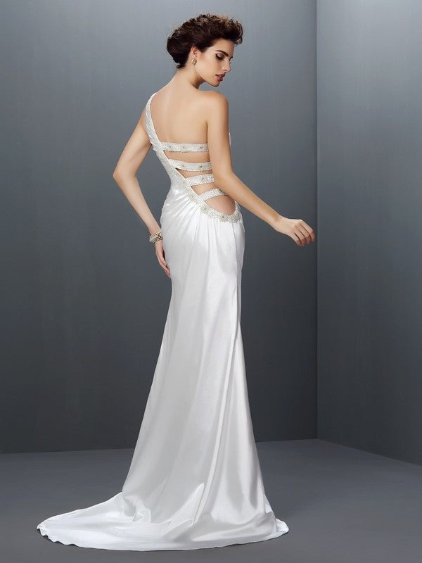 Elastic Sleeveless Trumpet/Mermaid One-Shoulder Beading Long Woven Satin Dresses