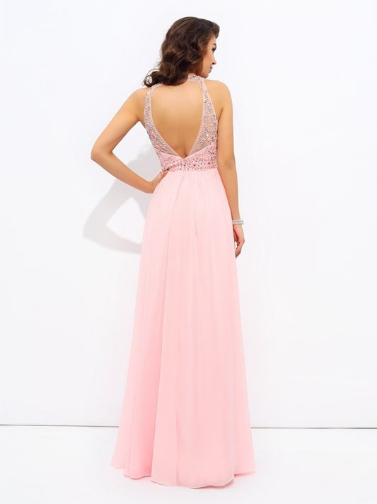 Sleeveless Jewel A-line/Princess Beading Long Chiffon Dresses