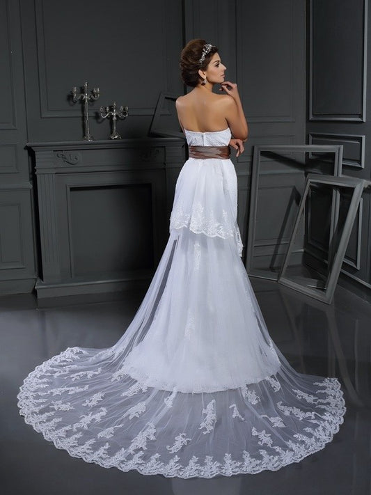 Sleeveless Sweetheart Long Sheath/Column Applique Net Wedding Dresses