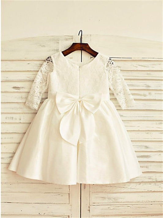 Lace Sleeves A-line/Princess Long Tea-Length Jewel Satin Flower Girl Dresses