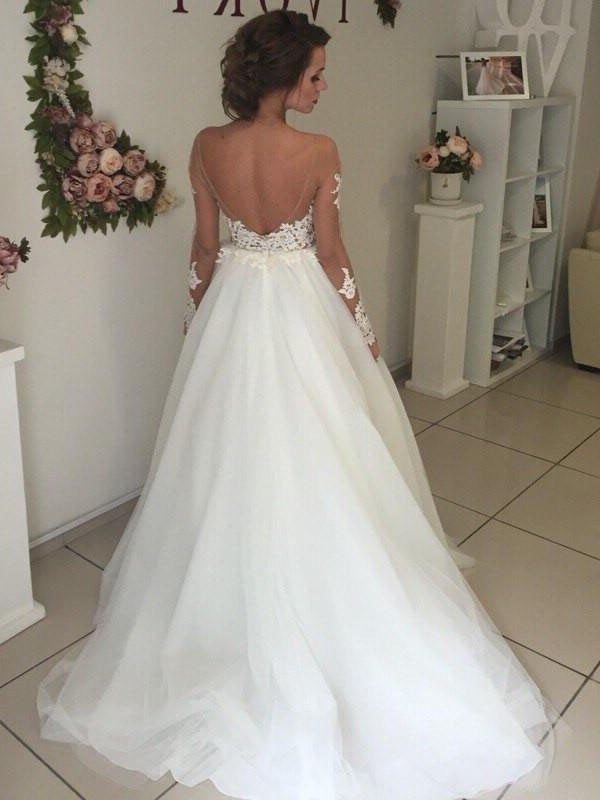 Sweep/Brush Tulle Train Long Off-the-Shoulder A-Line/Princess Sleeves Wedding Dresses