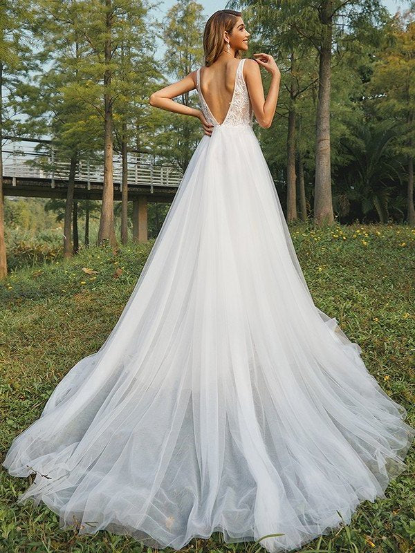 Sweep/Brush V-neck Tulle Applique Sleeveless A-Line/Princess Train Wedding Dresses