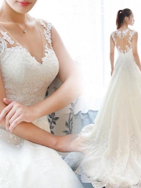 V-neck Applique A-Line/Princess Sleeveless Court Train Lace Wedding Dresses