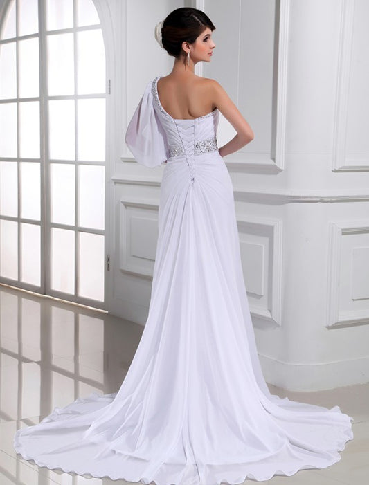 Beading One-shoulder One-sleeve A-Line/Princess Chiffon Wedding Dresses