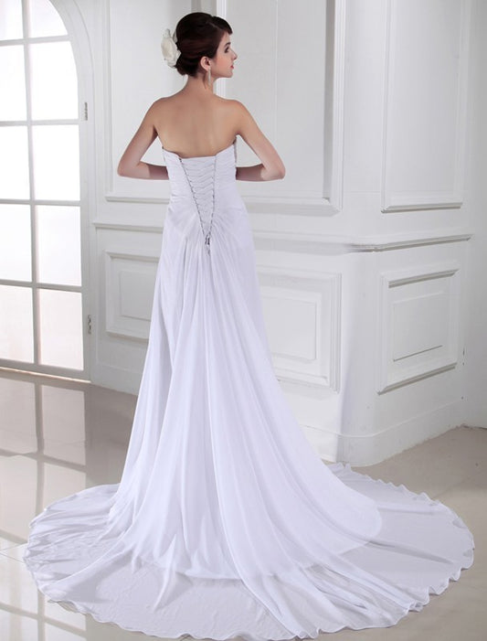 Sheath/Column Chiffon Hand-made Sweetheart Flower Sleeveless Long Wedding Dresses