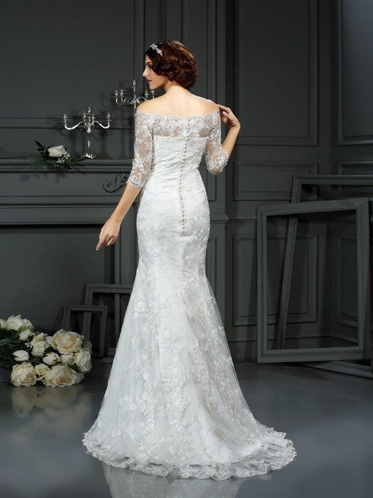 Sleeves Sheath/Column Off-the-Shoulder Long Lace 1/2 Lace Wedding Dresses