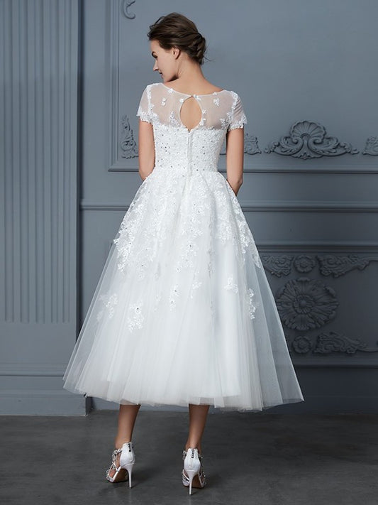 Scoop A-Line/Princess Sleeves Short Beading Tea-Length Tulle Wedding Dresses