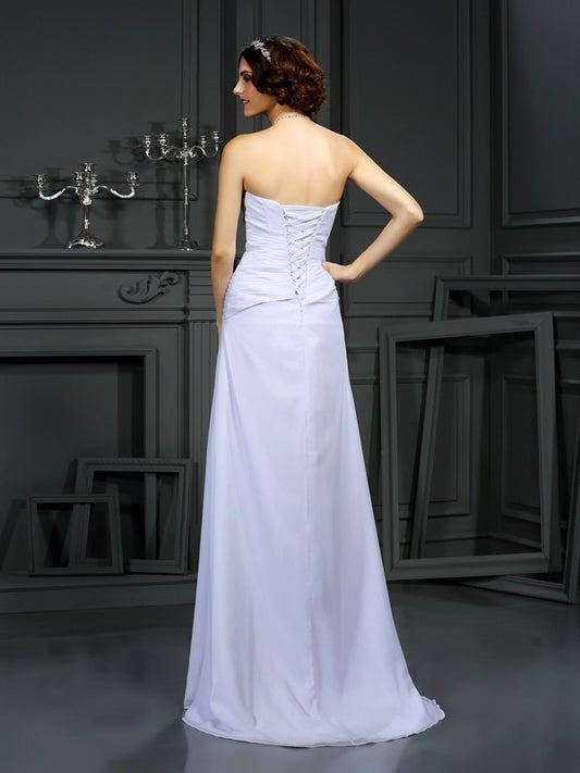 Long Sleeveless Beading Sheath/Column Strapless Chiffon Wedding Dresses