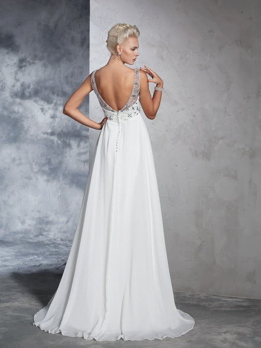 Beading V-neck Long Sleeveless A-Line/Princess Chiffon Wedding Dresses