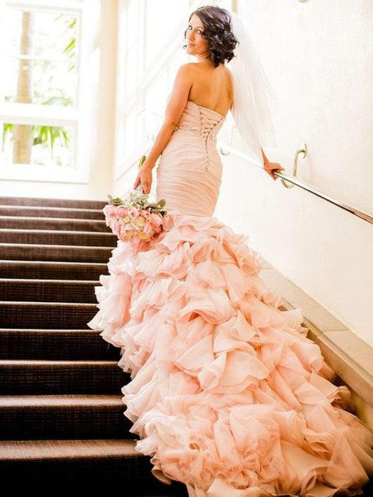 Ruffles Trumpet/Mermaid Sleeveless Court Sweetheart Train Organza Wedding Dresses