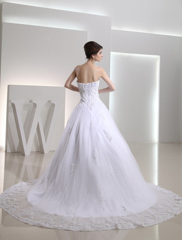 Ball Strapless Beading Sleeveless Gown Satin Applique Wedding Dresses