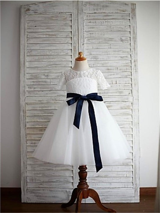 Scoop Sash/Ribbon/Belt Tea-Length A-line/Princess 1/2 Sleeves Tulle Flower Girl Dresses