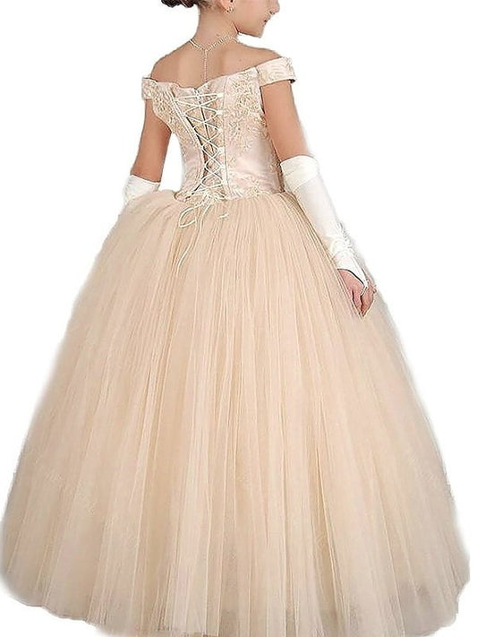 Sleeveless Applique Gown Tulle Ball Floor-Length Off-the-Shoulder Flower Girl Dresses