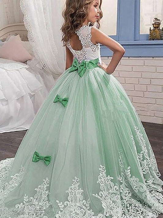 Jewel Sleeveless Gown Ball Lace Train Tulle Sweep/Brush Flower Girl Dresses