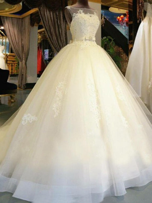 Ball Beading Sweep/Brush Off-the-Shoulder Gown Applique Train Sleeveless Sash/Ribbon/Belt Lace Wedding Dresses