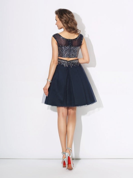 Bateau Short Sleeveless Net A-Line/Princess Beading Two Piece Dresses