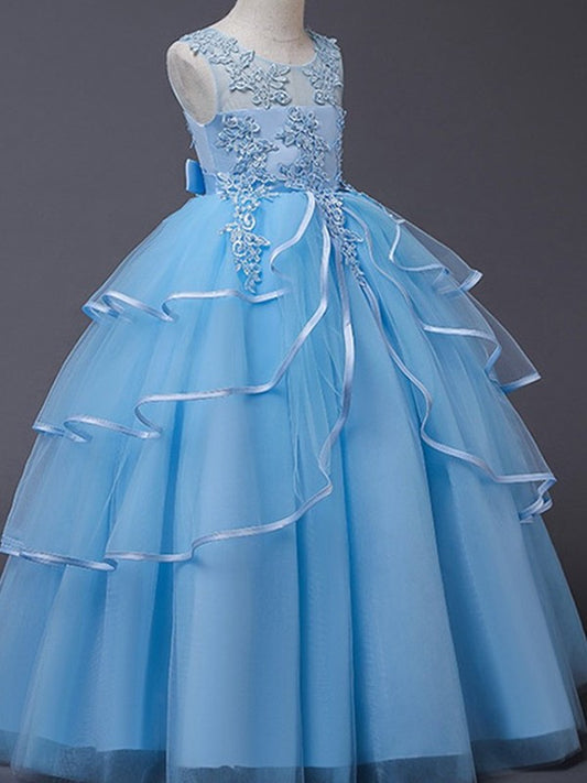 Applique A-Line/Princess Floor-Length Scoop Sleeveless Tulle Flower Girl Dresses