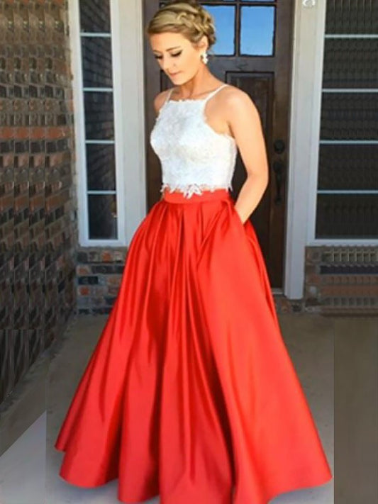 Satin Straps Lace Spaghetti Floor-Length Sleeveless A-Line/Princess Two Piece Dresses