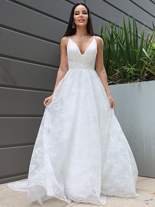 Ruched Sleeveless Sweep/Brush A-Line/Princess V-neck Lace Train Wedding Dresses