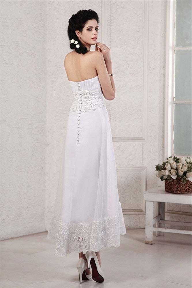 Sleeveless Pleats Short A-Line/Princess Strapless Beading Applique Chiffon Wedding Dresses