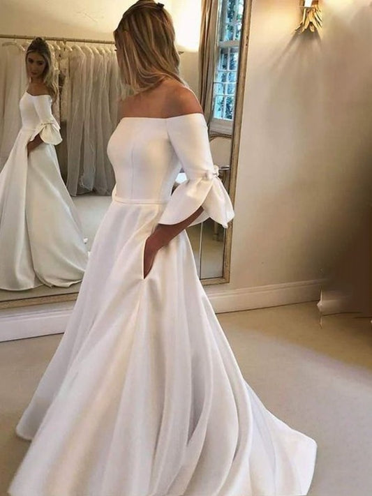 Court Charmeuse A-Line/Princess Off-the-Shoulder Sleeves 3/4 Ruffles Train Wedding Dresses