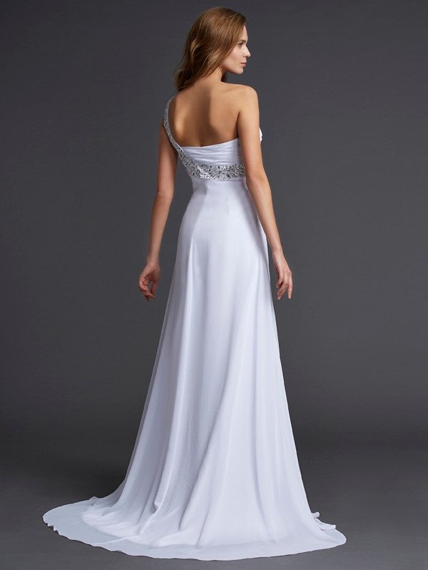 Beading One-Shoulder A-Line/Princess Sleeveless Long Chiffon Dresses