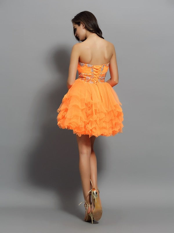 A-Line/Princess Sweetheart Ruffles Sleeveless Short Homecoming Dresses Malia Satin Cocktail Dresses