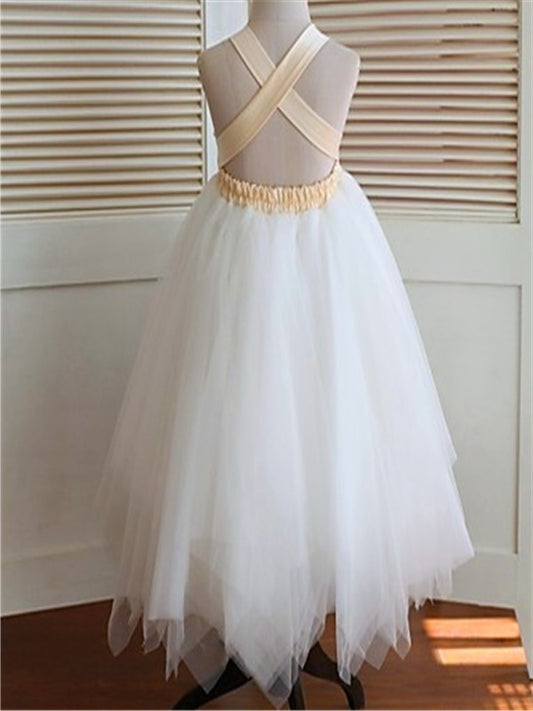 Tea-Length Gown Tulle Hand-made Flower Ball Straps Sleeveless Flower Girl Dresses