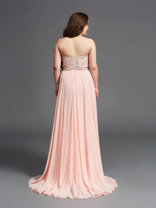 A-Line/Princess Sleeveless Chiffon Long Beading Sweetheart Plus Size Dresses