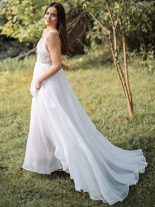 Chiffon A-Line/Princess Sleeveless Sweep/Brush Spaghetti Straps Applique Train Wedding Dresses