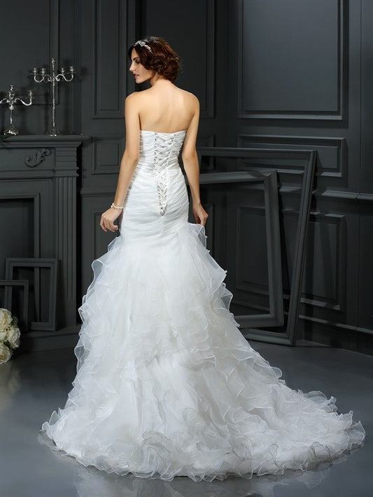 Sleeveless Sweetheart Long Trumpet/Mermaid Beading Organza Wedding Dresses