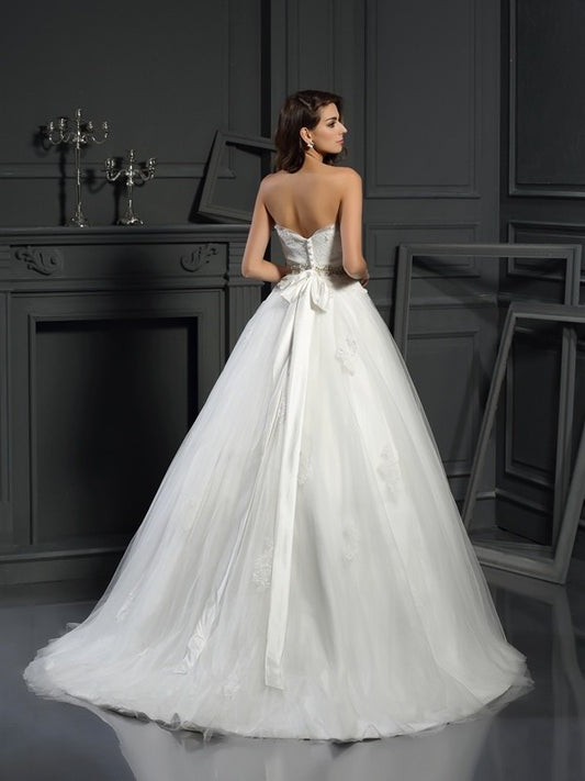 Ball Sleeveless Strapless Gown Long Applique Net Wedding Dresses