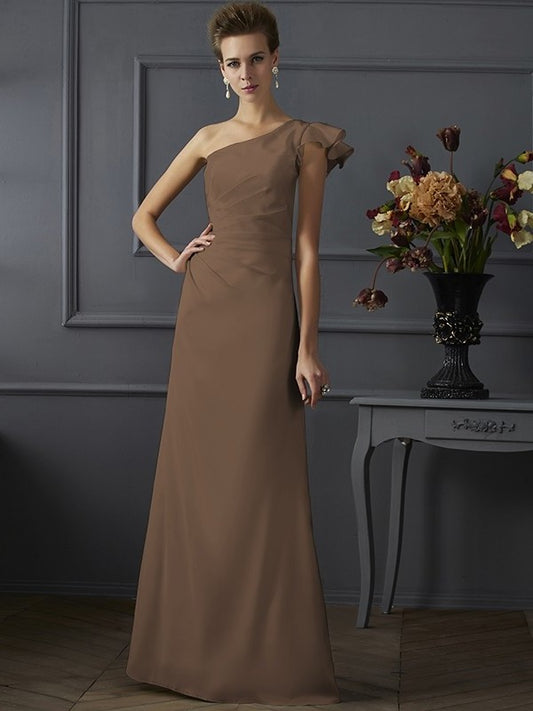 Sheath/Column Long Elastic Sleeveless Pleats One-Shoulder Woven Satin Bridesmaid Dresses