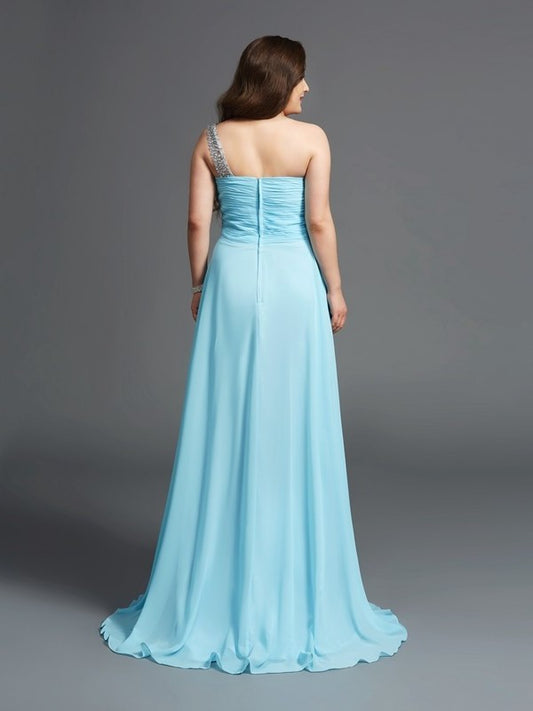 Chiffon One-Shoulder Rhinestone Long Sleeveless A-Line/Princess Plus Size Dresses