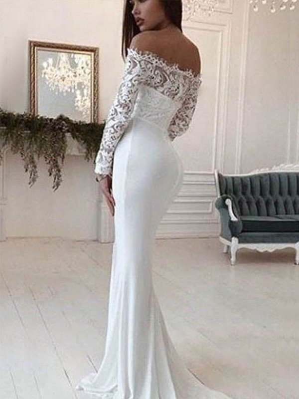 Train Sleeves Lace Off-the-Shoulder Trumpet/Mermaid Long Court Chiffon Wedding Dresses