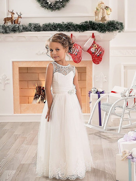 Floor-Length A-line/Princess Sleeveless Tulle Scoop Flower Girl Dresses