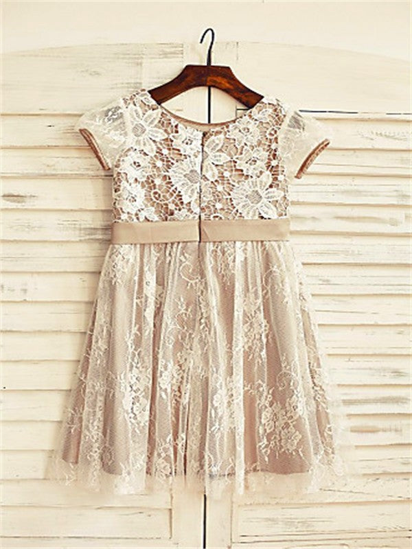 Short Scoop Sleeves Lace A-line/Princess Hand-made Flower Tea-Length Flower Girl Dresses