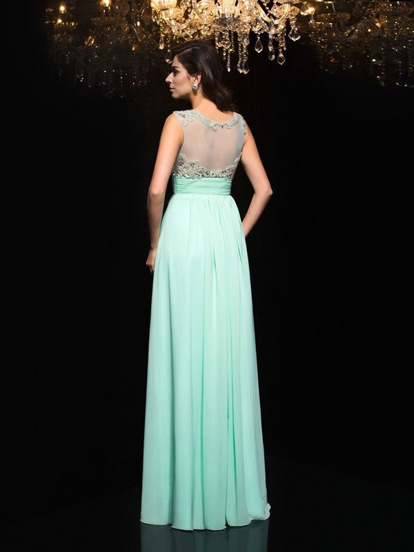 Sheer Sleeveless A-Line/Princess Neck Beading Long Chiffon Dresses