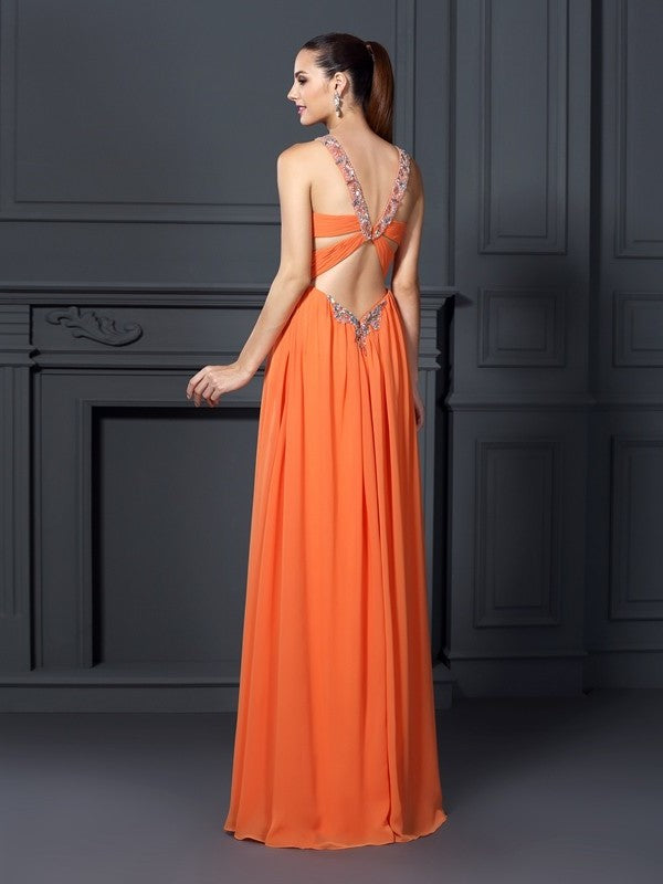 A-Line/Princess Sleeveless Beading Halter Long Chiffon Dresses