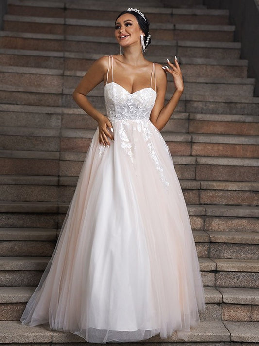 A-Line/Princess Applique Tulle Sweetheart Sleeveless Sweep/Brush Train Wedding Dresses