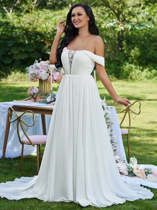 Sweep/Brush A-Line/Princess Off-the-Shoulder Sleeveless Ruffles Chiffon Train Wedding Dresses