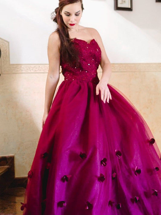 Sweetheart Gown Ball Applique Tulle Sleeveless Floor-Length Dresses