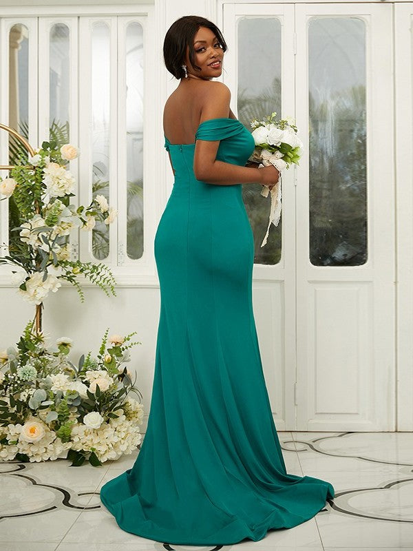 Sleeveless Ruffles Sheath/Column Jersey Sweep/Brush Off-the-Shoulder Train Bridesmaid Dresses