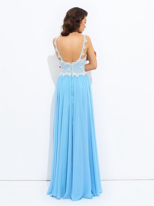 Sleeveless A-Line/Princess V-neck Lace Long Chiffon Dresses